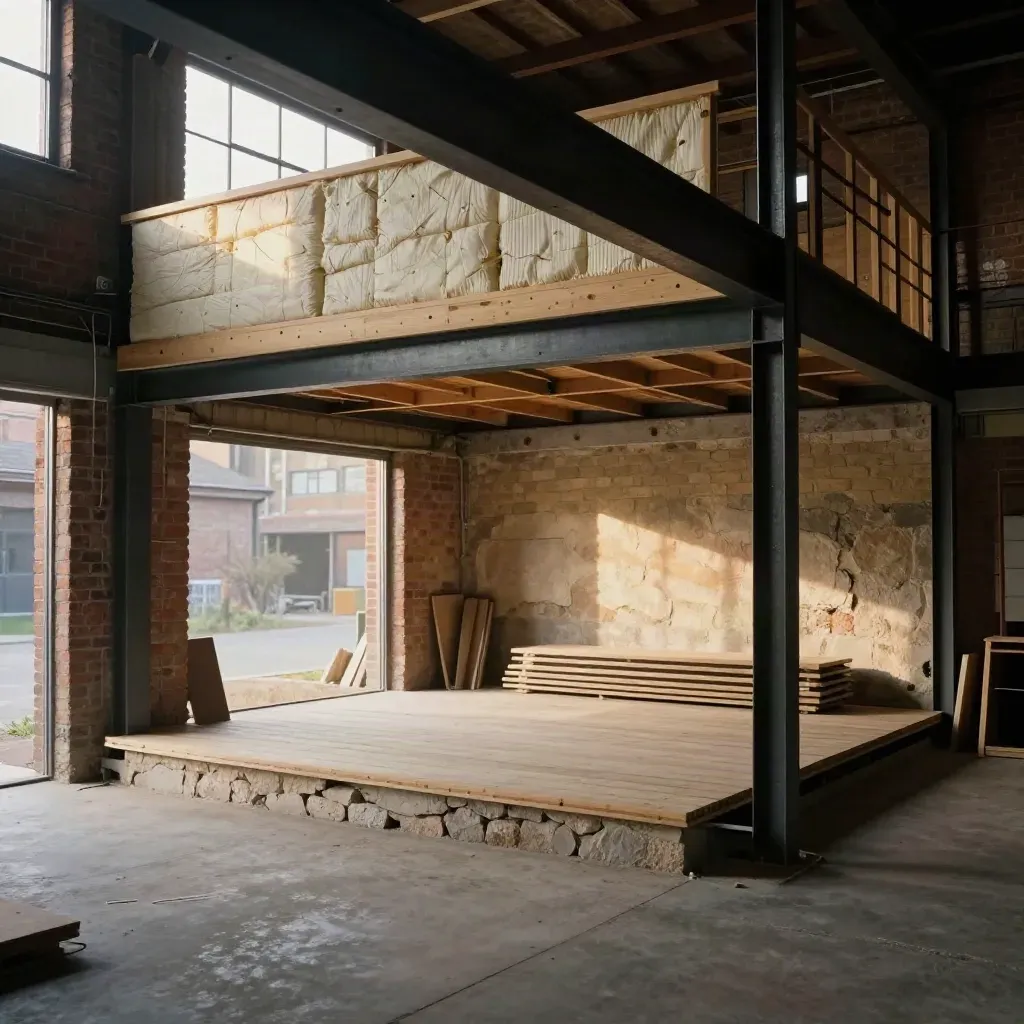 Brick warehouse mezzanine under construction, steel joists, timber decking and daylight haze.