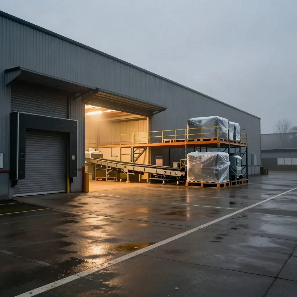 Fresh roller shutter, lit loading bay and new machinery in a Midlands industrial unit at dawn.