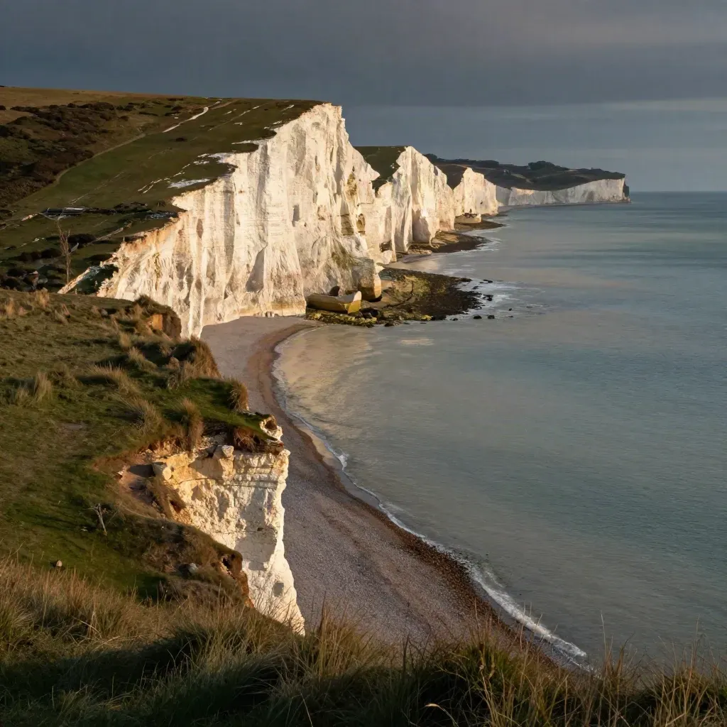 Seven Sisters cliffs glowing at golden hour above calm pale Channel water